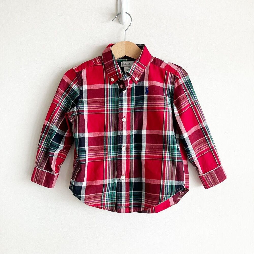 Ralph Lauren Red Plaid Long Sleeve Shirt Baby Boy Size 24M Button Down Roll Tab